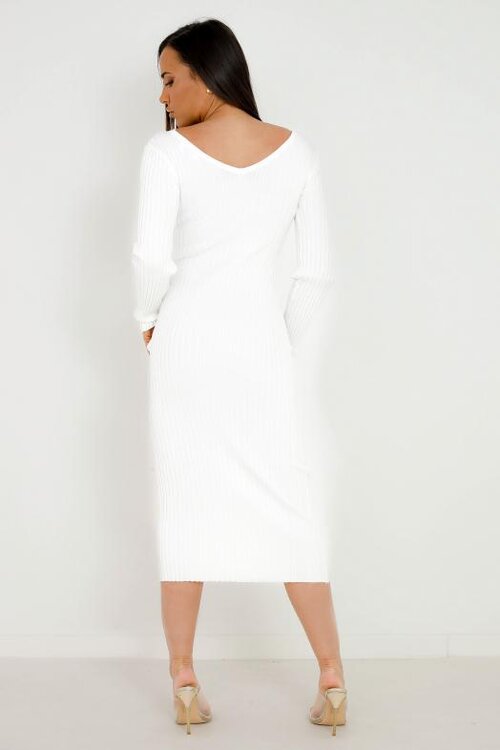 Robe Femme Cotelée Col V Blanc / Réf : 6089-1