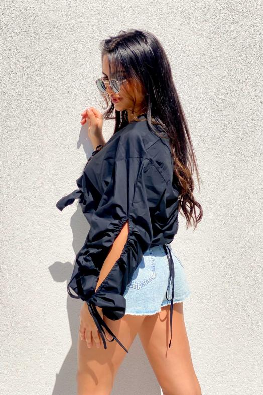 Chemise Retroussée Femme Dos Ouvert Noir / Réf : 1306