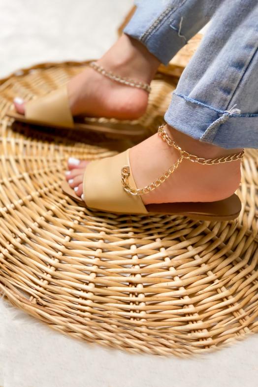 Sandales Femme Chaînes Bout Carré Beige