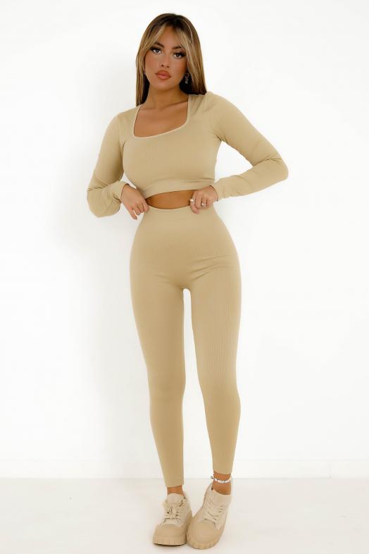 Ensemble Femme Crop Top Col Carré + Legging Beige 