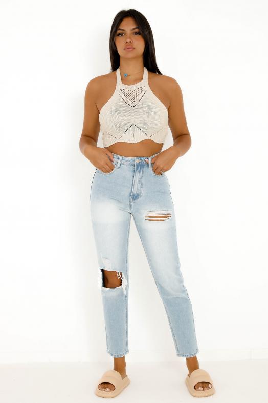 Top Dos Nu Crochet Femme Beige 