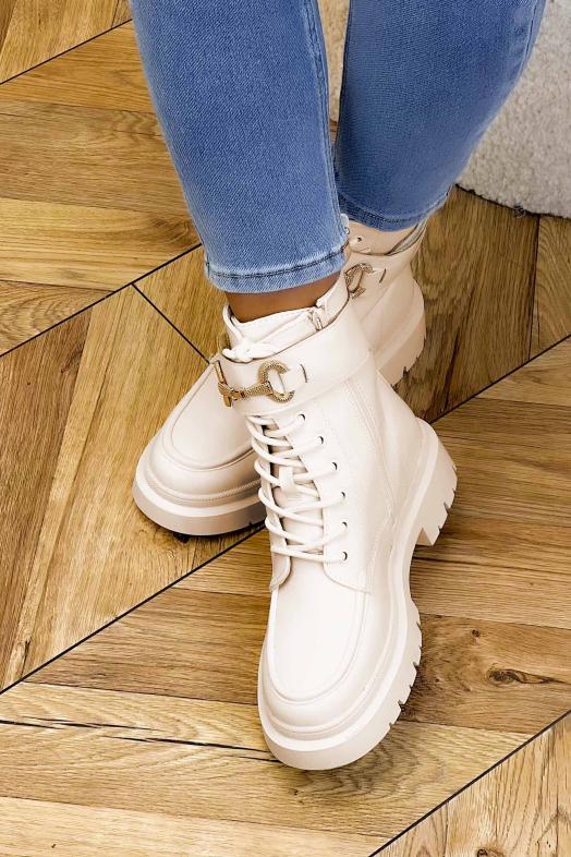 Bottines Femme Lacets + Bijoux Beige 