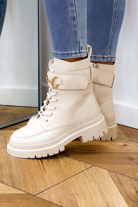 Bottines Femme Lacets + Bijoux Beige 