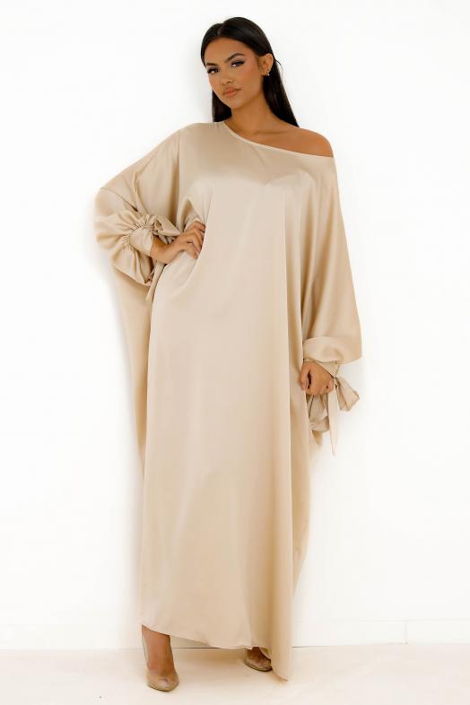 Robe Satin Maxi Femme Beige 