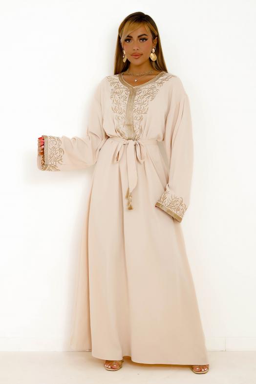 Abaya Brodé + Ceinture Femme Beige 