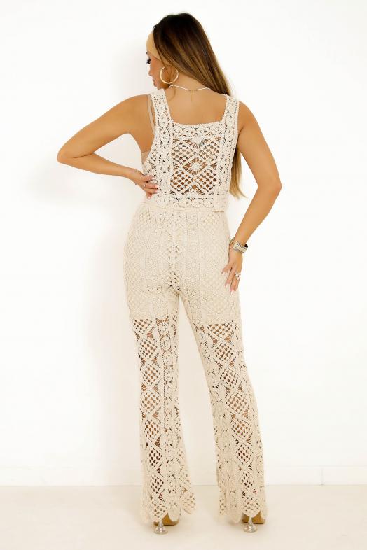 Ensemble Top + Pantalon Crochets Femme Beige