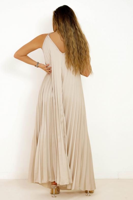 Robe à Bretelles Plissée Femme Beige