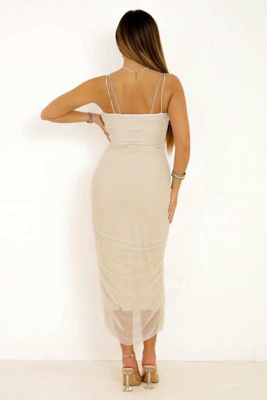 Robe Tulle Froncée Femme Beige 