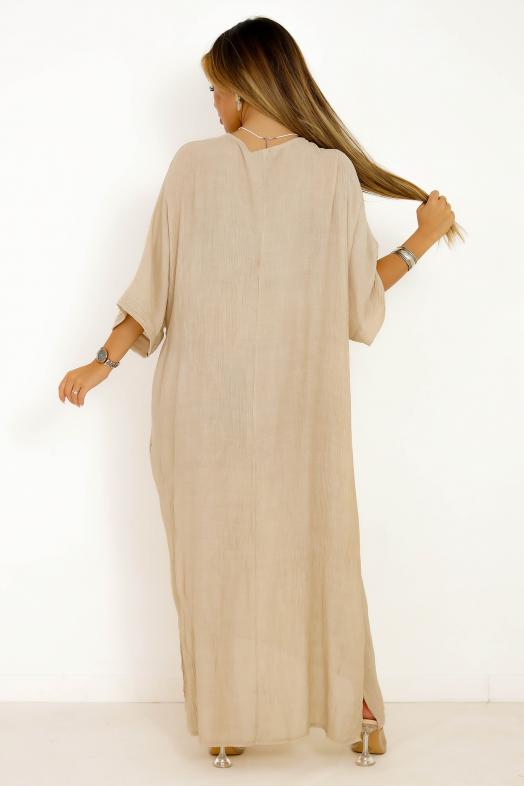 Robe Col V Ample + Poches Femme Beige 