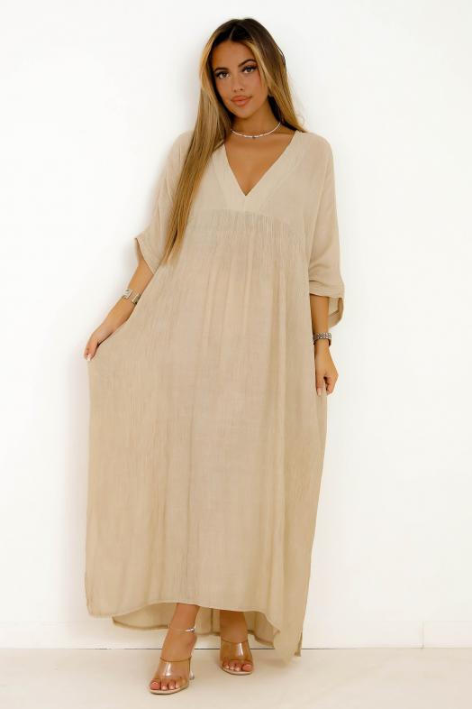Robe Col V Ample + Poches Femme Beige 