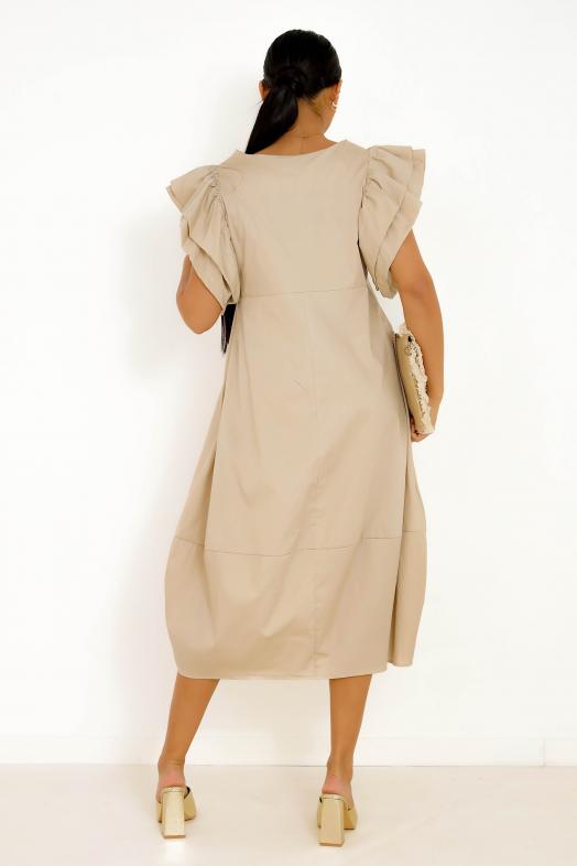 Robe Mi Longue Manches Froufrou Femme Beige