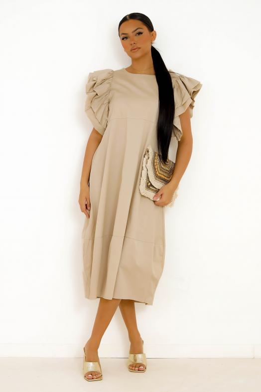 Robe Mi Longue Manches Froufrou Femme Beige