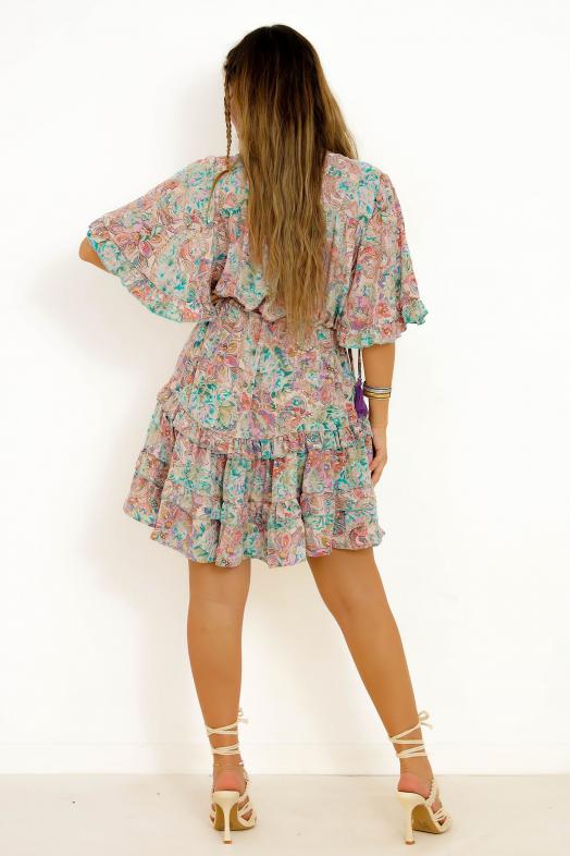Robe Imprimée à Volants et Pompons Femme Beige