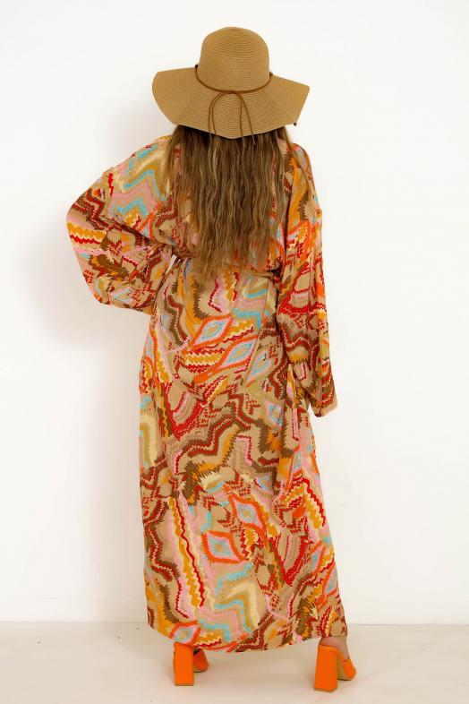 Kimono Long Imprimé Incas Femme Beige