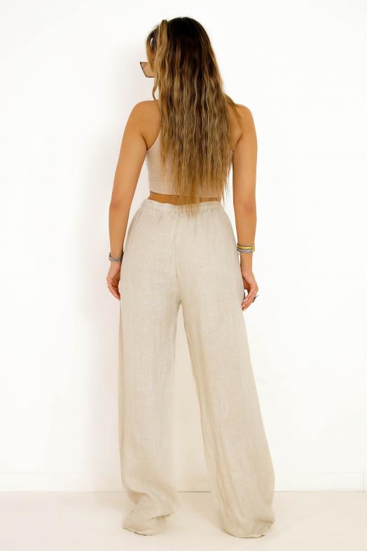 Pantalon Lin à Poches Femme Beige