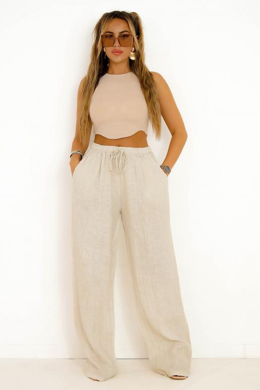Pantalon Lin à Poches Femme Beige