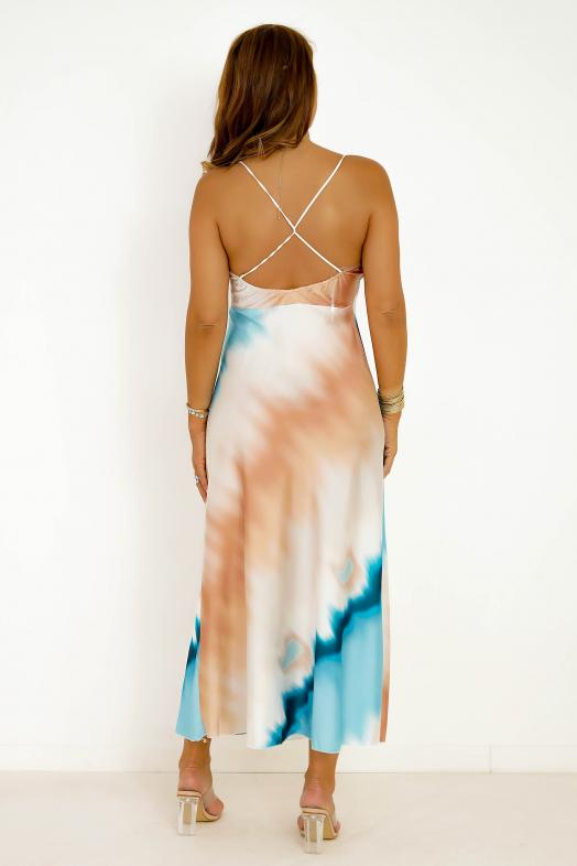 Robe Imprimée à Fines Bretelles Beige 