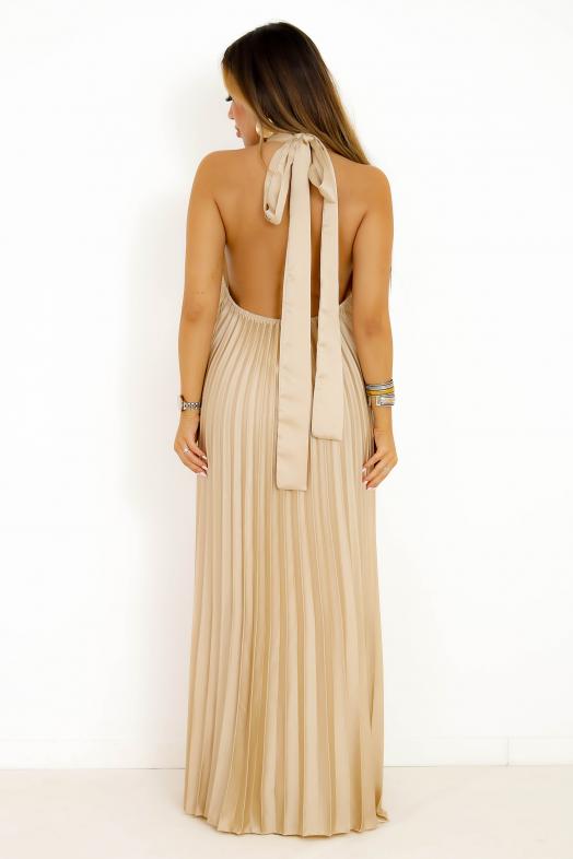 Robe Plissée Satinée Dos Nu Beige