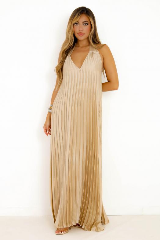 Robe Plissée Satinée Dos Nu Beige 