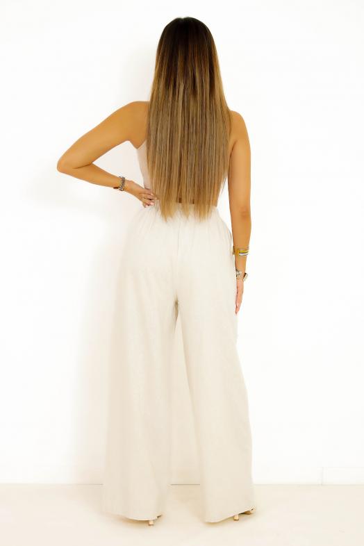 Pantalon Ample en Lin + Poches Beige 