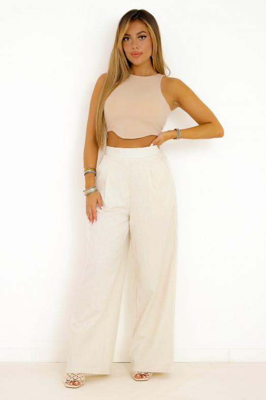 Pantalon Ample en Lin + Poches Beige 