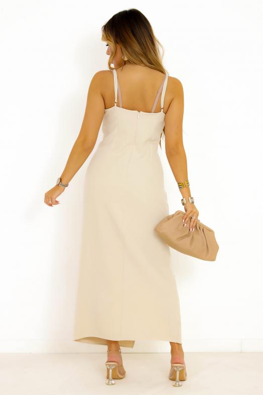 Robe Froncée Fendue Beige