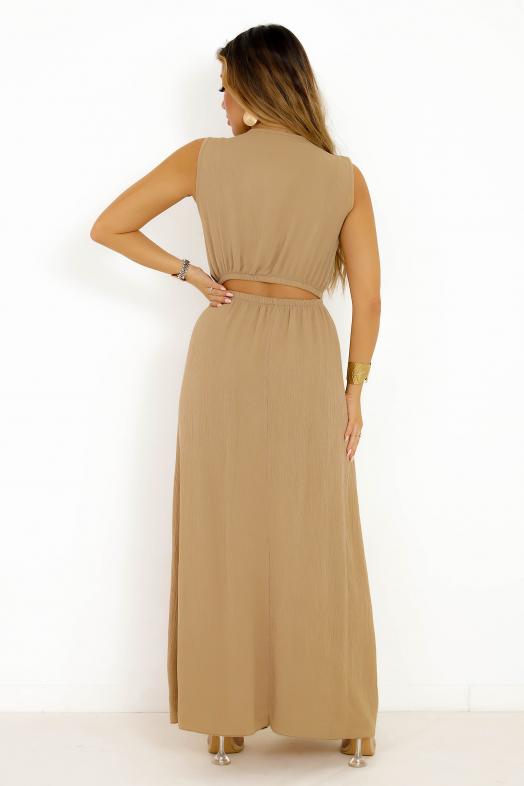 Robe Col V Ouverte Beige
