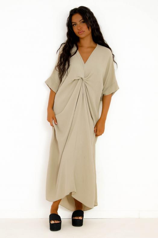 Robe Col V Nouée Beige