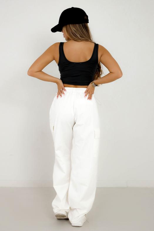 Pantalon Parachute Poches Femme Blanc