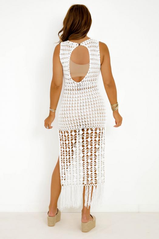 Robe Crochets Franges Femme Blanc