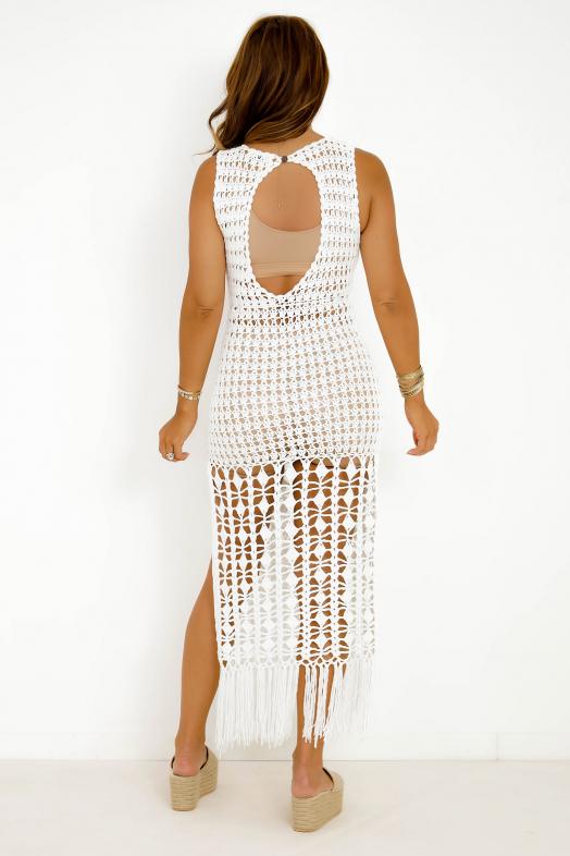 Robe Crochets Franges Femme Blanc 