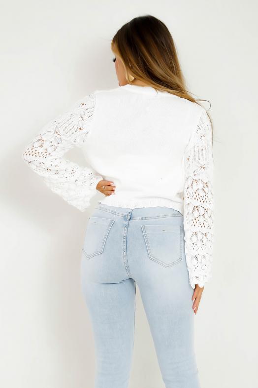 Gilet Ajouré Manches Évasées  Femme Blanc