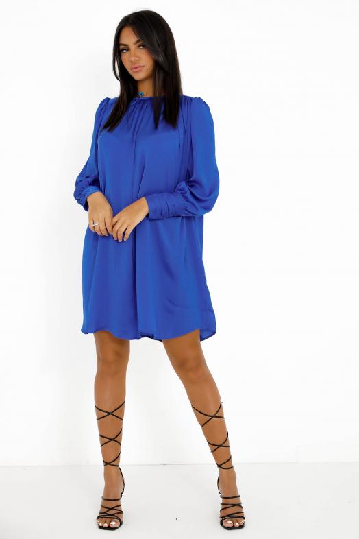 Robe Satinée Manches Longues Femme Bleu 