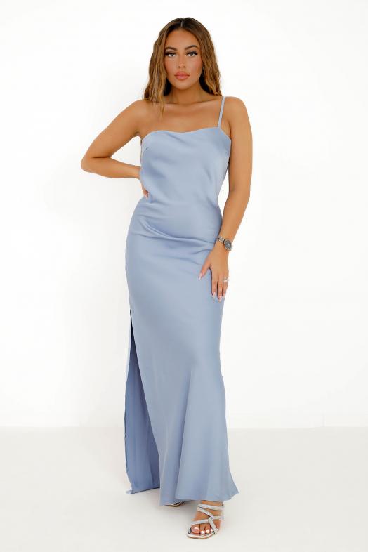 Robe Satin Une Bretelle Femme Bleu 