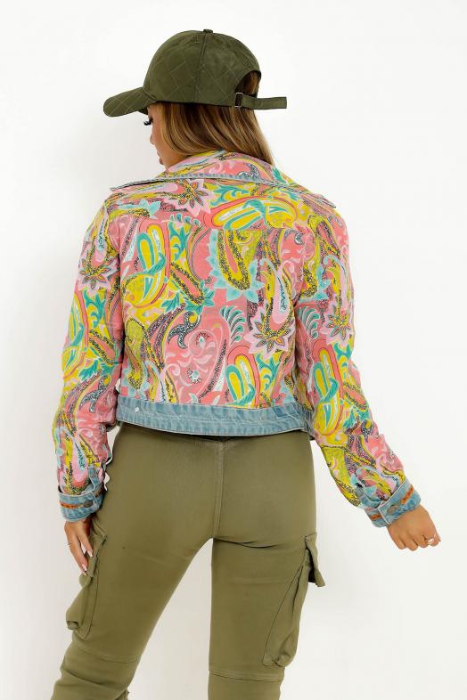 Veste Denim Brodée Main Femme Bleu 