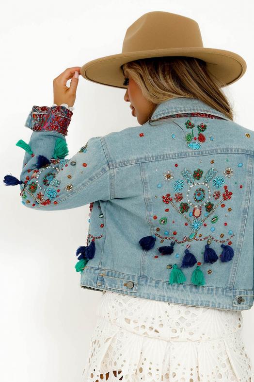 Veste Denim Perles + Pompons Femme Bleu 
