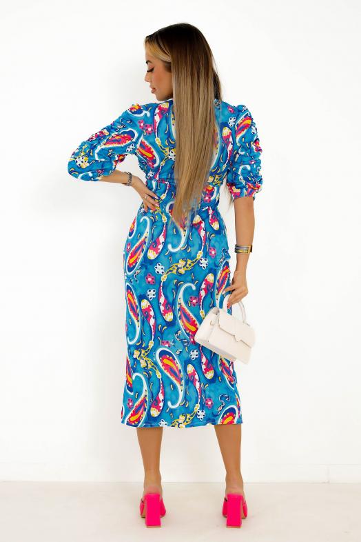 Robe Froncée Col V Femme Bleu 