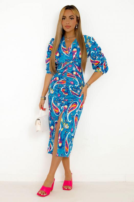 Robe Froncée Col V Femme Bleu 