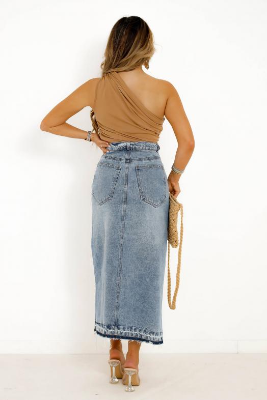 Jupe Denim Fendue Femme Bleu 