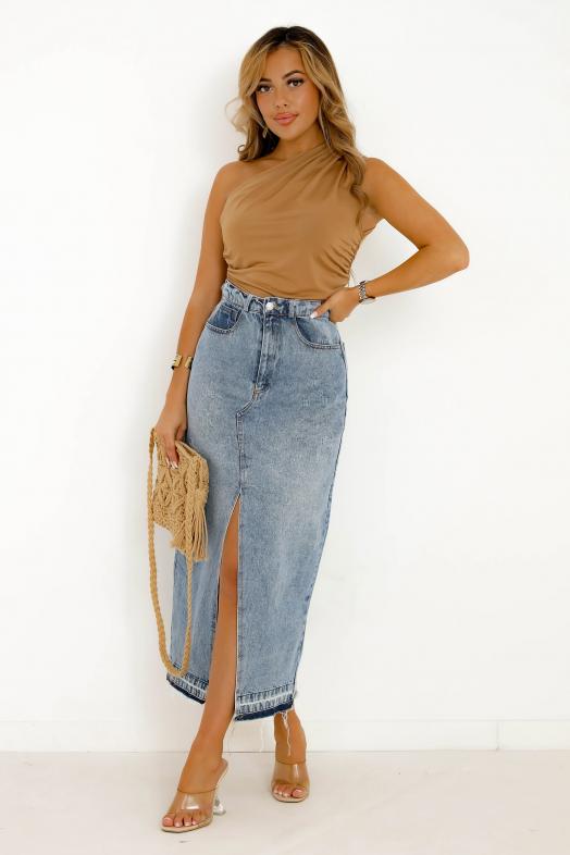 Jupe Denim Fendue Femme Bleu 
