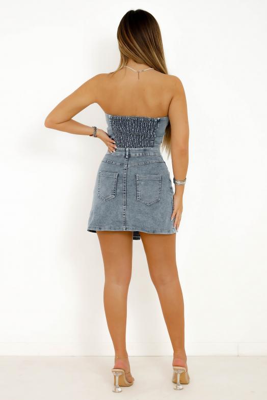 Ensemble Top + Jupe Asymétrique Denim Femme Bleu 