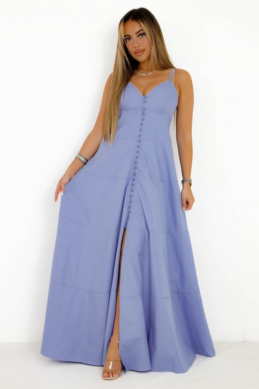 Robe Boutonnée Évasée Femme Bleu 
