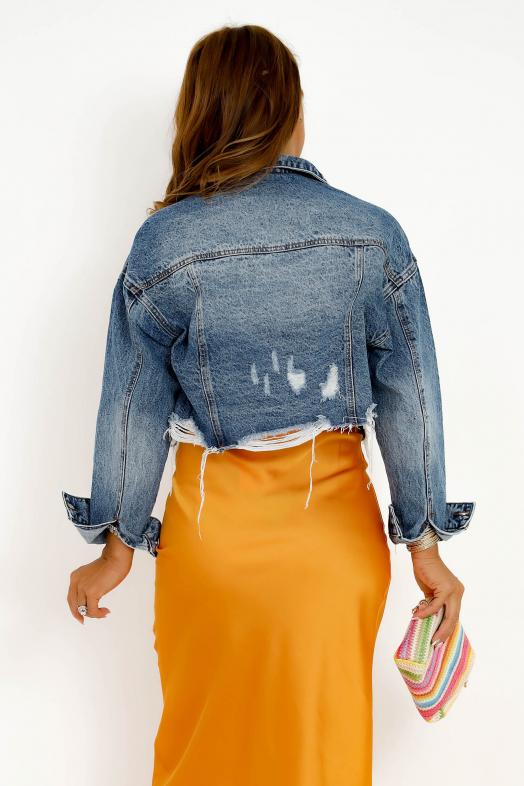 Veste Cropped Denim Femme Bleu