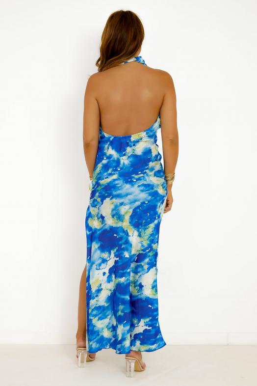 Robe Imprimée Col Noué Femme Bleu