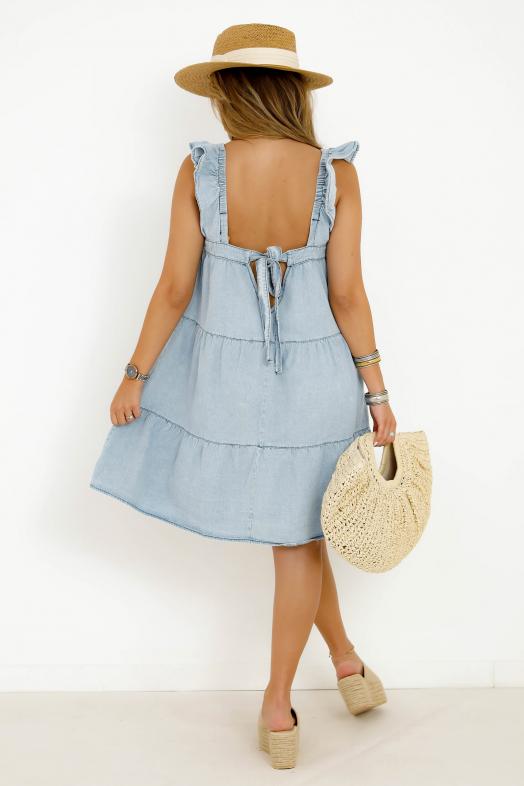 Robe Denim Bretelles à Volants Femme Bleu Clair 