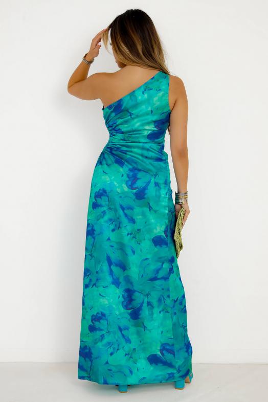 Robe Une Bretelle Fendue Imprimée Femme Bleu 