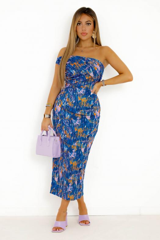 Robe Moulante Imprimée Femme Bleu