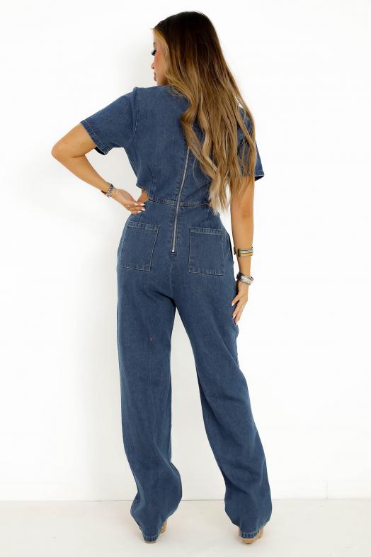 Combinaison Denim Côtés Ouverts Bleu Foncé 