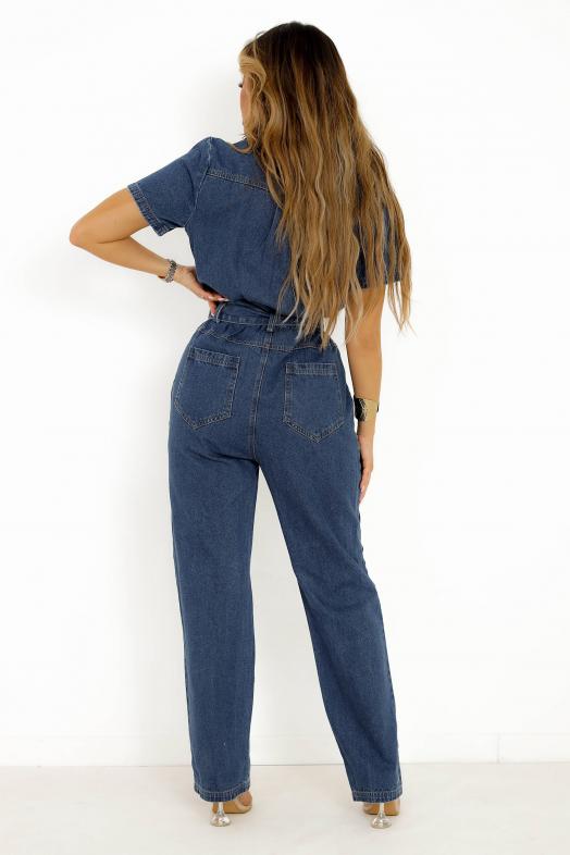 Combinaison Denim Zippée Bleu Foncé 