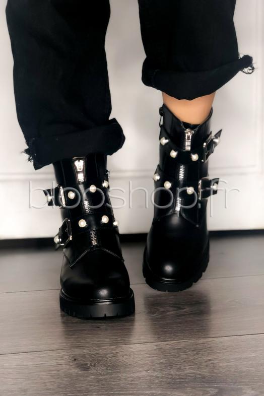 Bottines Femme Zip + Perles Noir